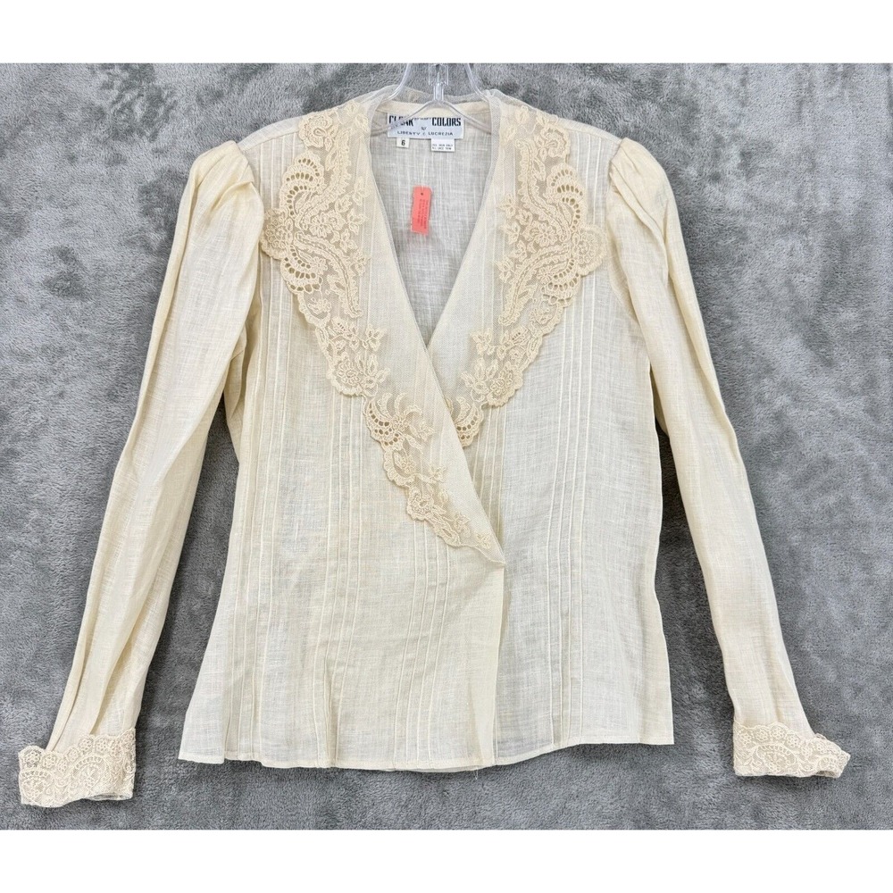 VTG‎ Cloak Of Many Colors Shirt Womens 6 Linen Lace Coquette Victorian Edwardian